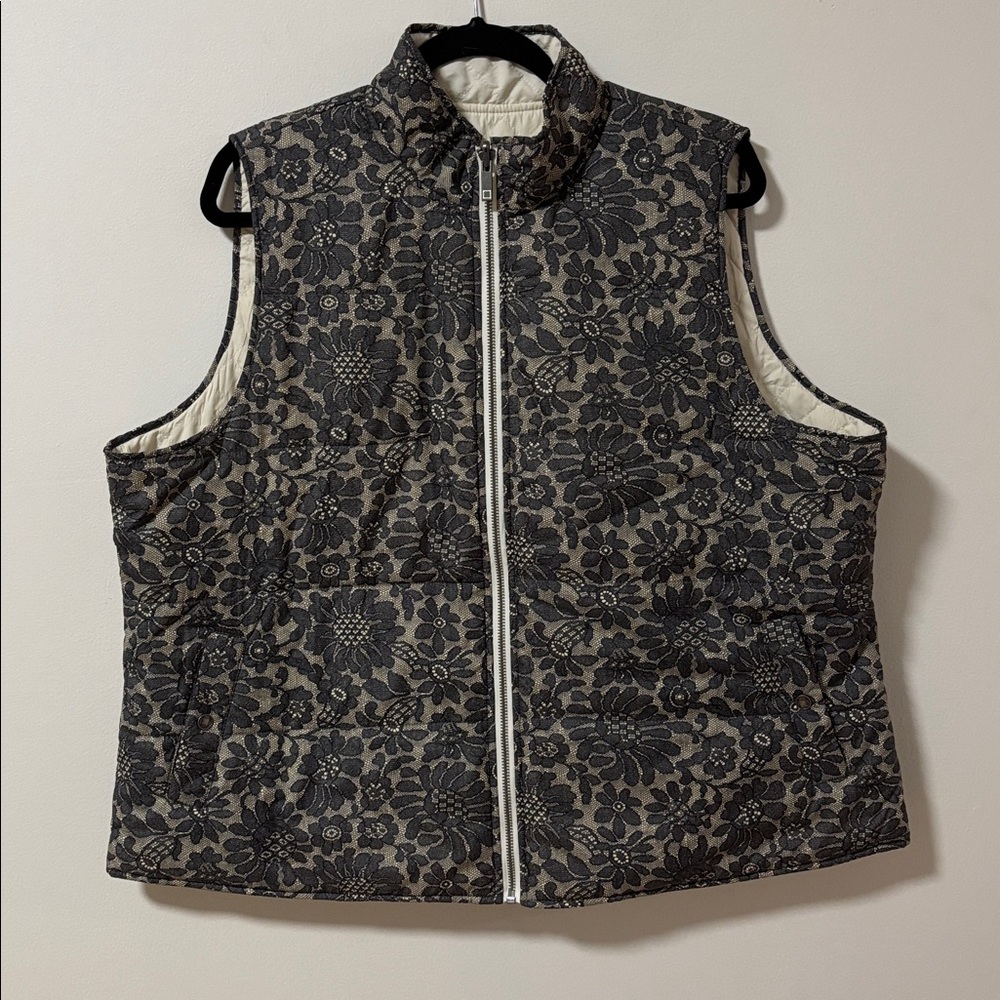 LIZ CLAIBORNE (XL) Quilted Reversible Vest Floral Patterned / Cream Lightweight - Picture 2 of 13